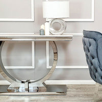 Arriana Console Table – Luxury Glass or Marble Top with Polished Stainless Steel Base – 140cm - UK Luxury Furniture