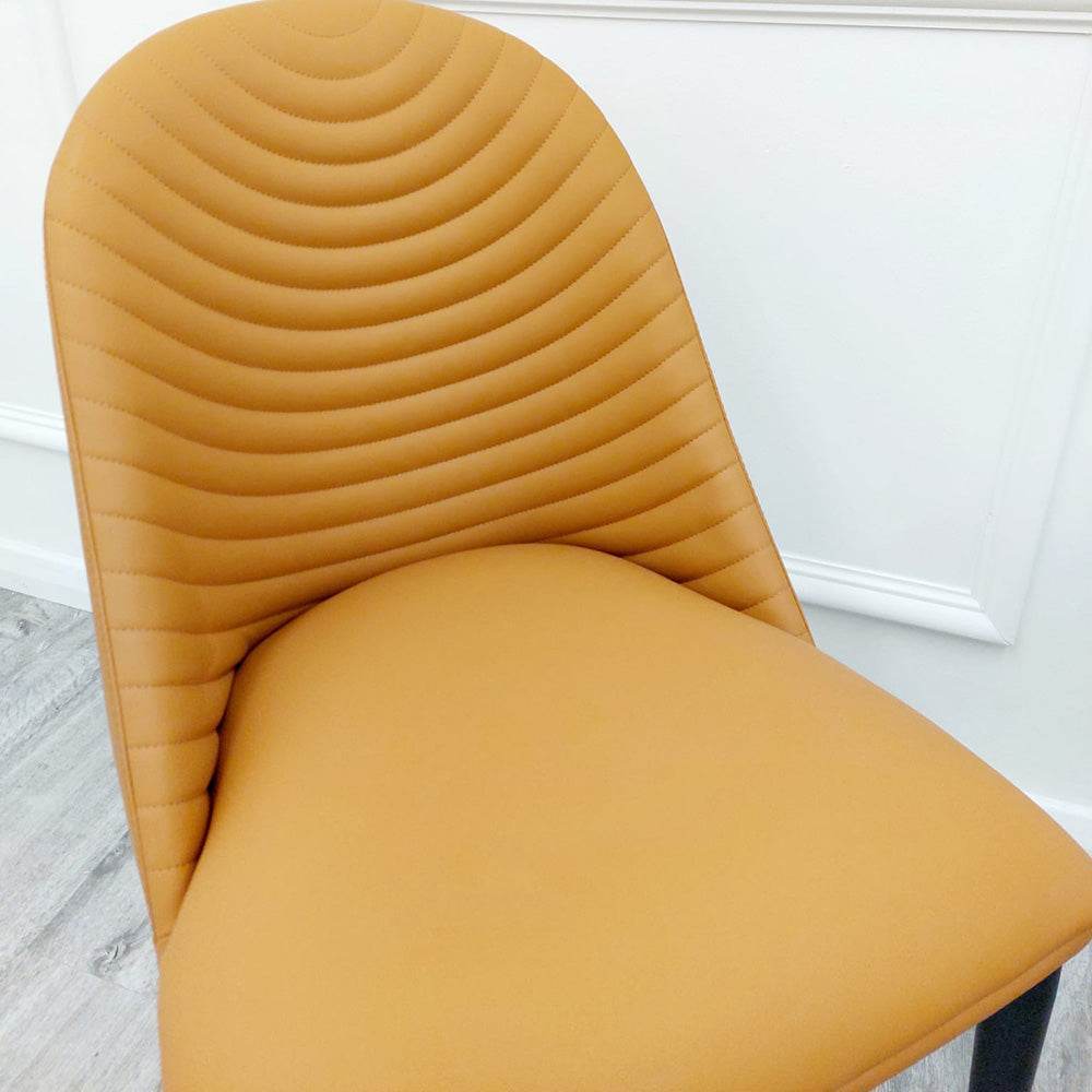 Alba Premium Leather Dining Chair - Compact Ribbed Design with Gold-Tipped Scandinavian Legs - UK Luxury Furniture