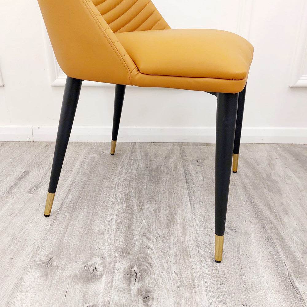 Alba Premium Leather Dining Chair - Compact Ribbed Design with Gold-Tipped Scandinavian Legs - UK Luxury Furniture