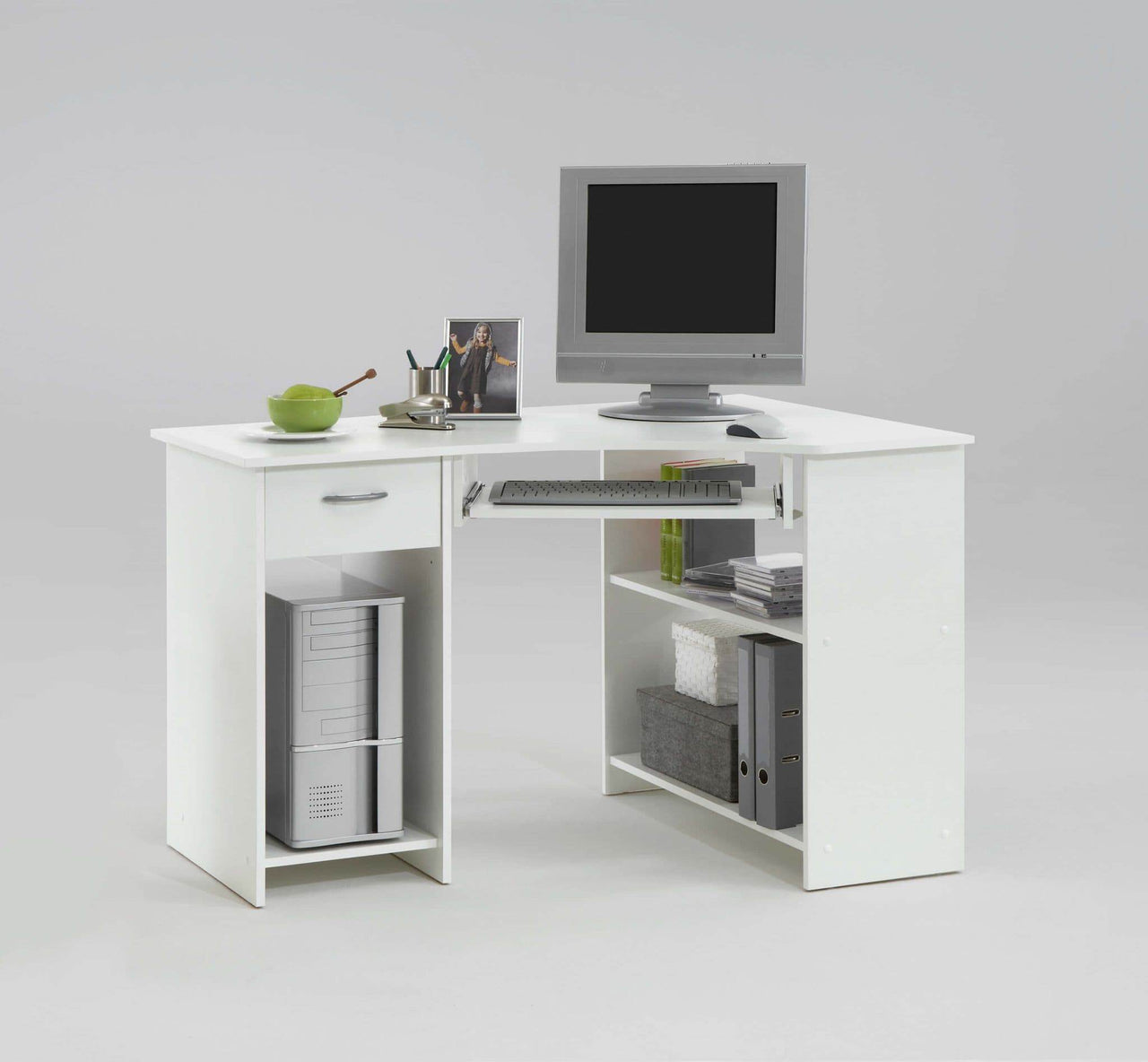 Elegant White Corner Desk with Drawer and Shelves for Home Office - UK Luxury Furniture