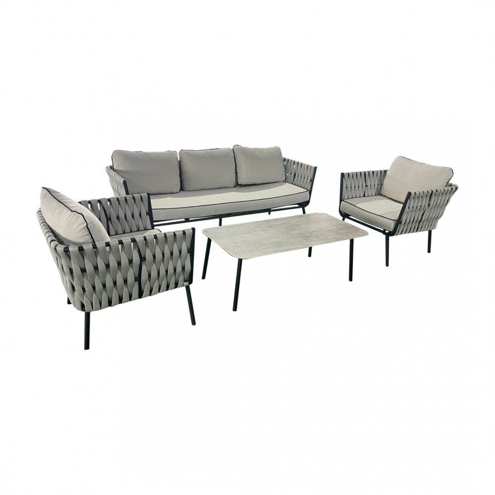 Anna Grey Aluminium & Rope Outdoor Sofa Set with Coffee Table – 3-Seater & 2 Armchairs - UK Luxury Furniture