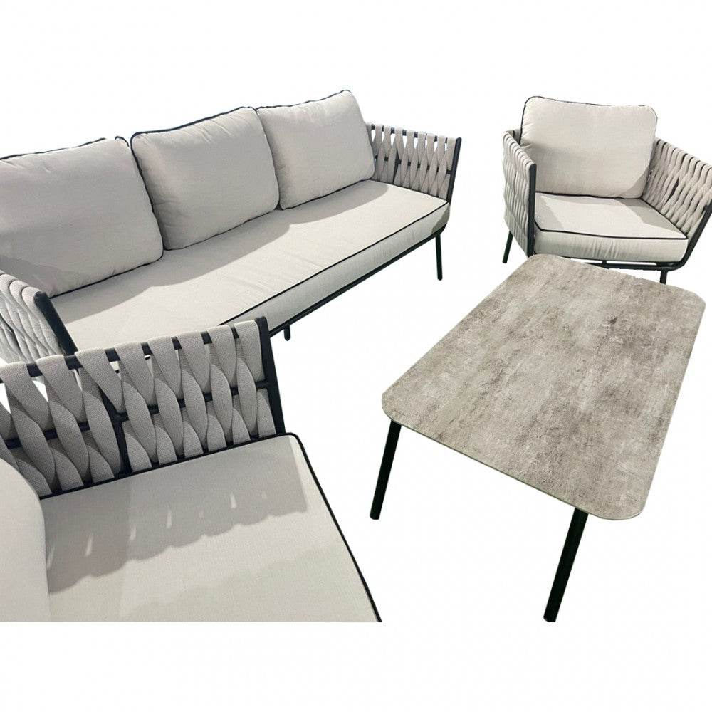 Anna Grey Aluminium & Rope Outdoor Sofa Set with Coffee Table – 3-Seater & 2 Armchairs - UK Luxury Furniture
