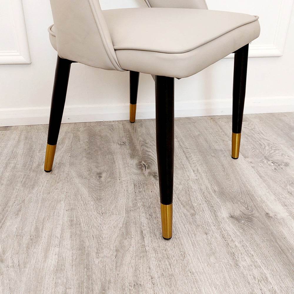 Astra Leather Dining Chair with Scandinavian Black Legs and Gold Tips in Beige PU or Plush Velvet - UK Luxury Furniture