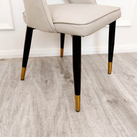 Astra Leather Dining Chair with Scandinavian Black Legs and Gold Tips in Beige PU or Plush Velvet - UK Luxury Furniture
