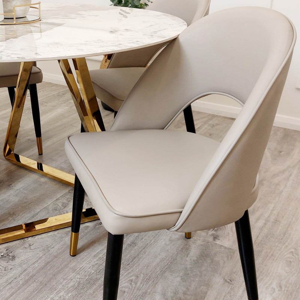 Astra Leather Dining Chair with Scandinavian Black Legs and Gold Tips in Beige PU or Plush Velvet - UK Luxury Furniture