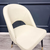 Astra Leather Dining Chair with Scandinavian Black Legs and Gold Tips in Beige PU or Plush Velvet - UK Luxury Furniture