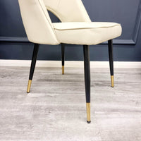 Astra Leather Dining Chair with Scandinavian Black Legs and Gold Tips in Beige PU or Plush Velvet - UK Luxury Furniture