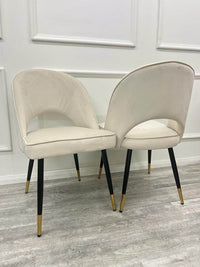 Astra Leather Dining Chair with Scandinavian Black Legs and Gold Tips in Beige PU or Plush Velvet - UK Luxury Furniture