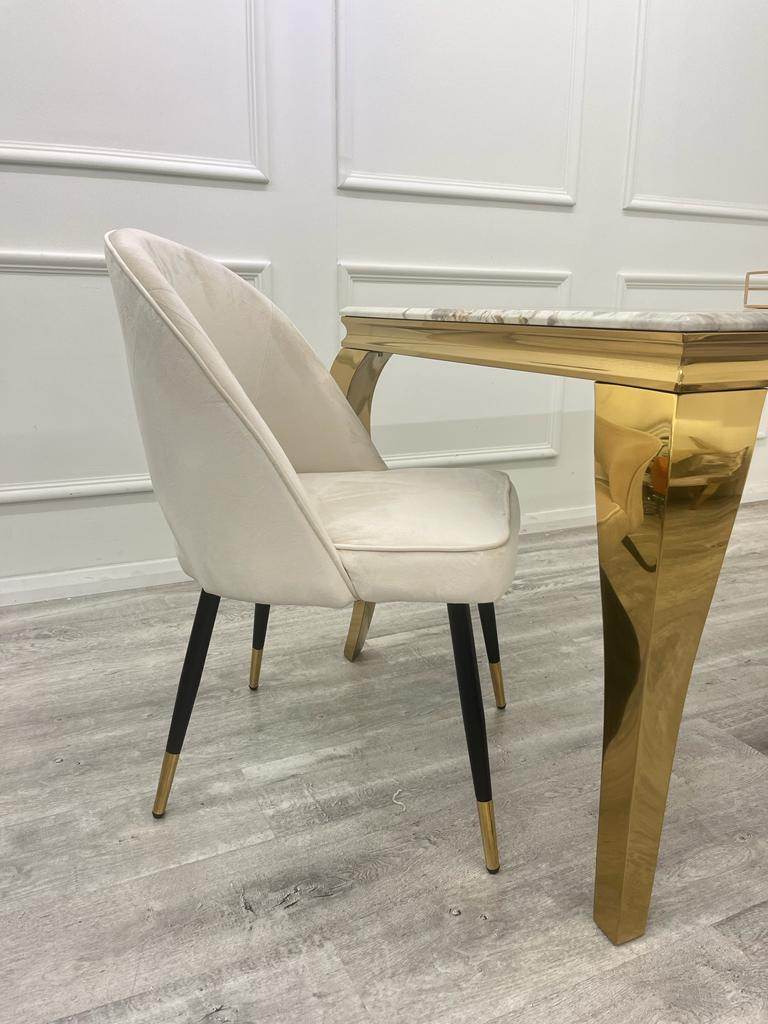 Astra Leather Dining Chair with Scandinavian Black Legs and Gold Tips in Beige PU or Plush Velvet - UK Luxury Furniture