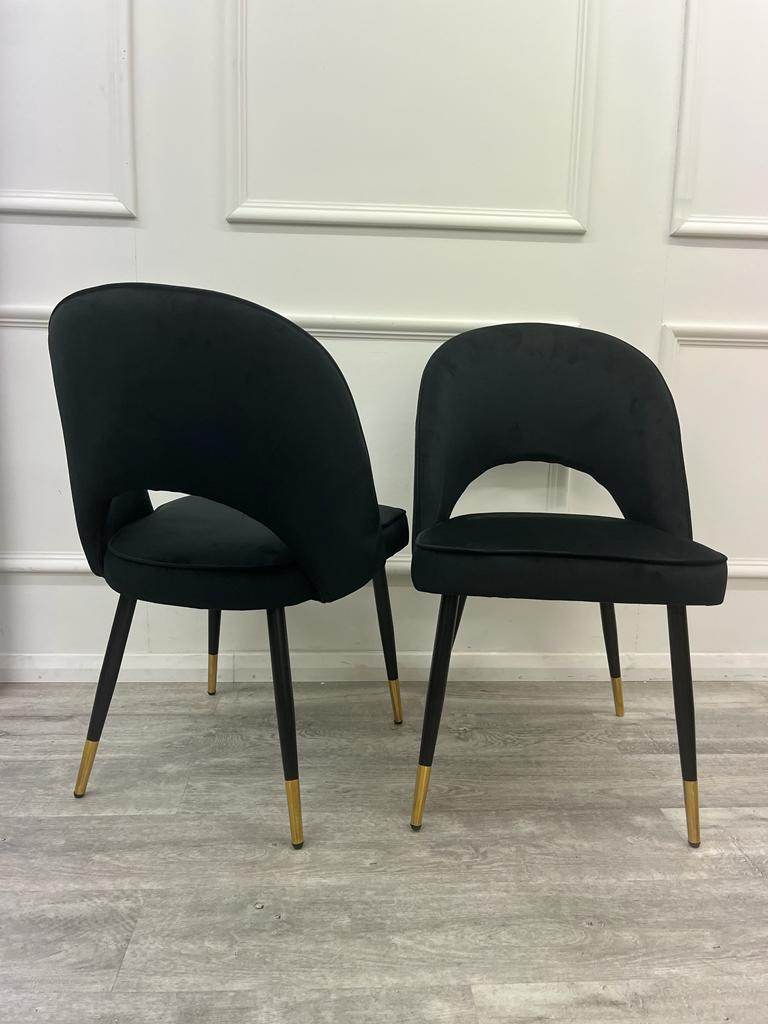 Astra Leather Dining Chair with Scandinavian Black Legs and Gold Tips in Beige PU or Plush Velvet - UK Luxury Furniture