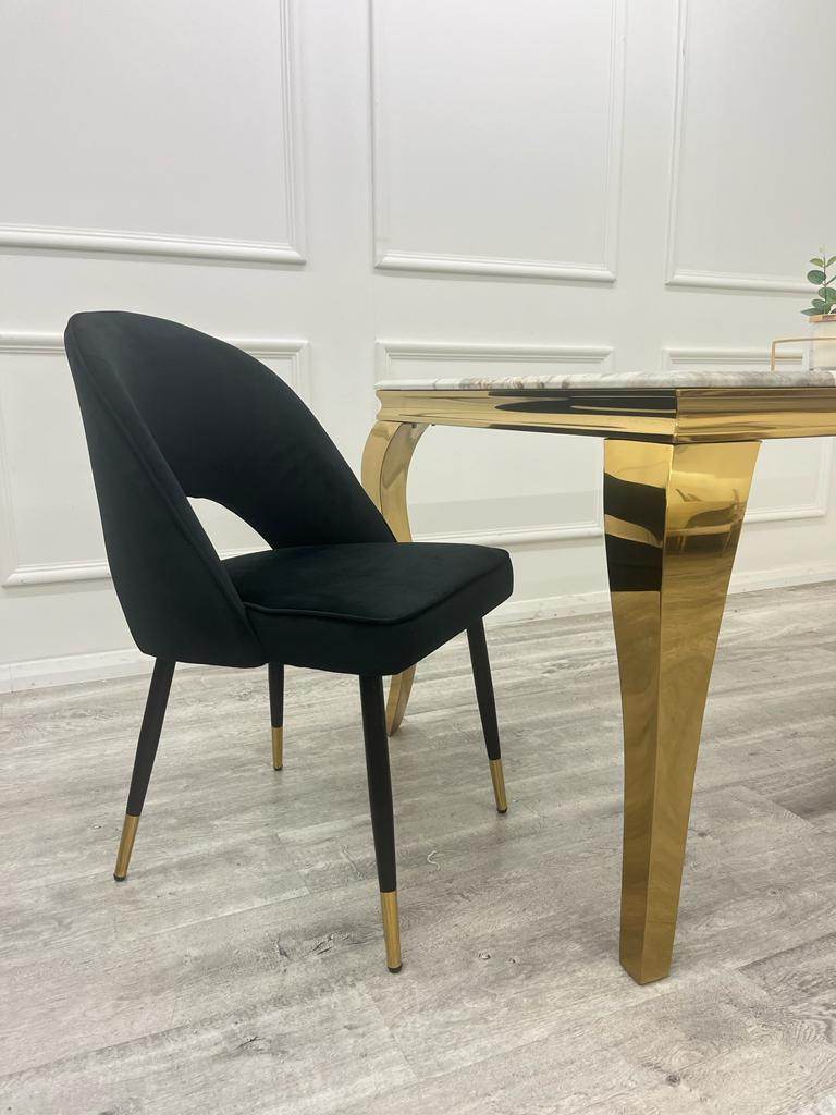 Astra Leather Dining Chair with Scandinavian Black Legs and Gold Tips in Beige PU or Plush Velvet - UK Luxury Furniture