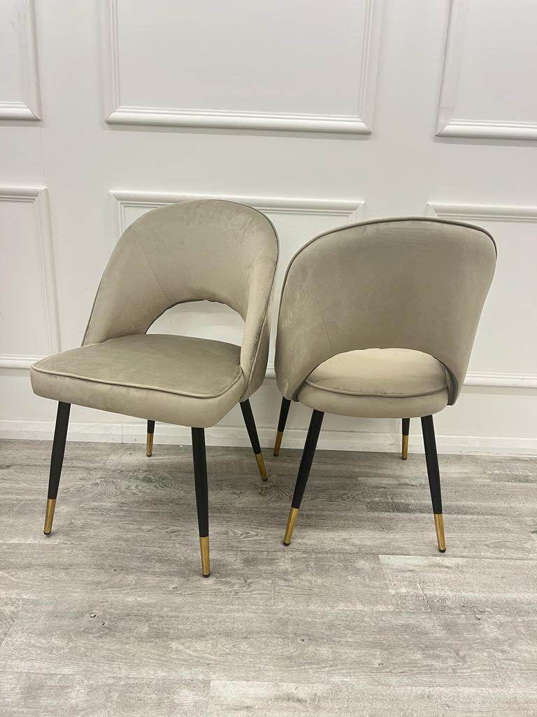 Astra Leather Dining Chair with Scandinavian Black Legs and Gold Tips in Beige PU or Plush Velvet - UK Luxury Furniture