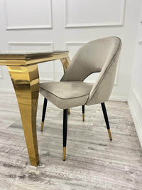 Astra Leather Dining Chair with Scandinavian Black Legs and Gold Tips in Beige PU or Plush Velvet - UK Luxury Furniture