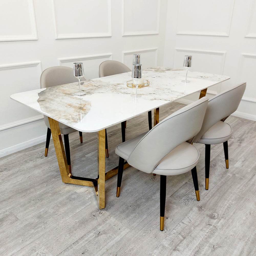 Astra Leather Dining Chair with Scandinavian Black Legs and Gold Tips in Beige PU or Plush Velvet - UK Luxury Furniture
