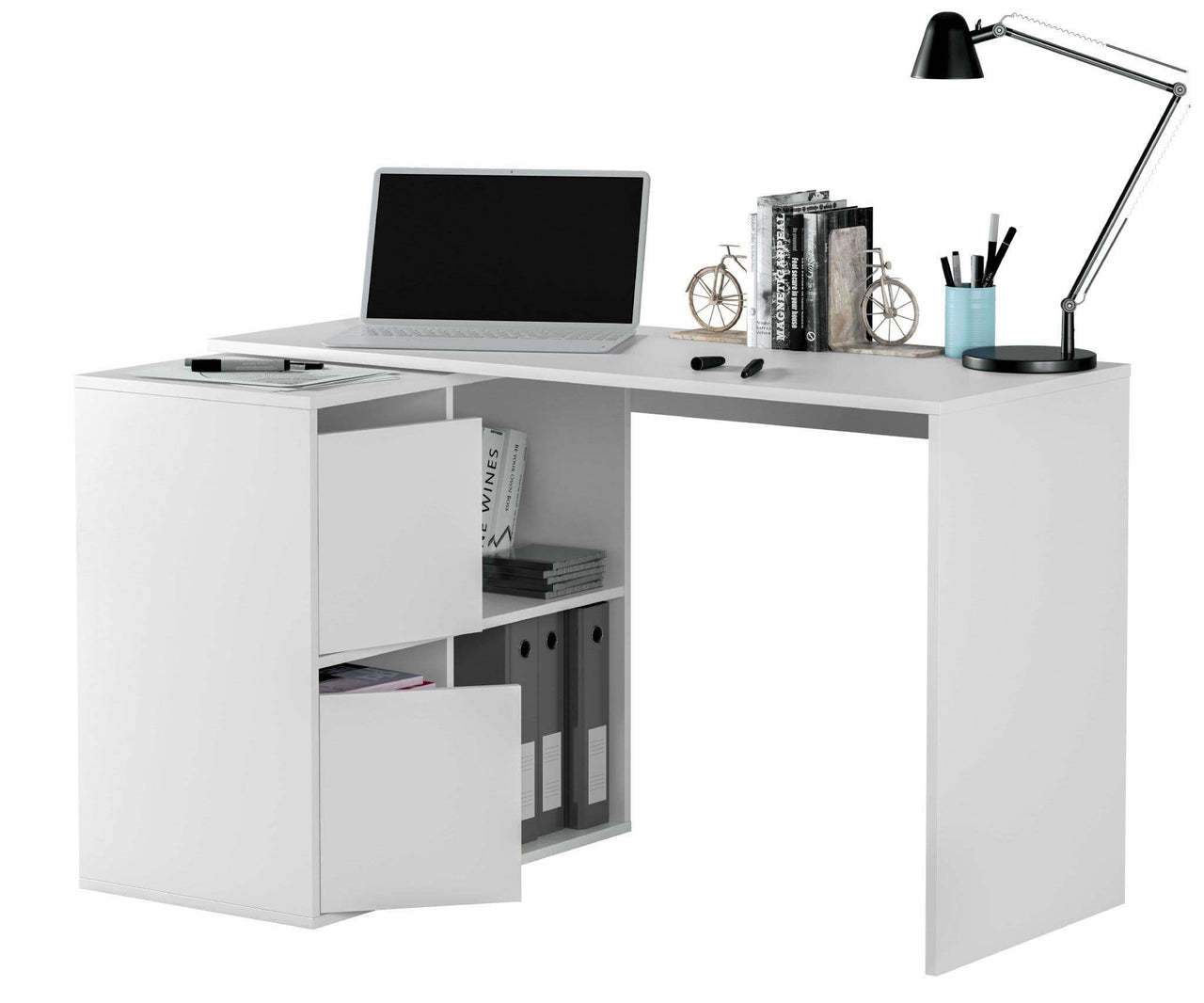 Versatile White Reversible Corner/Straight Desk with Storage and Shelves - UK Luxury Furniture