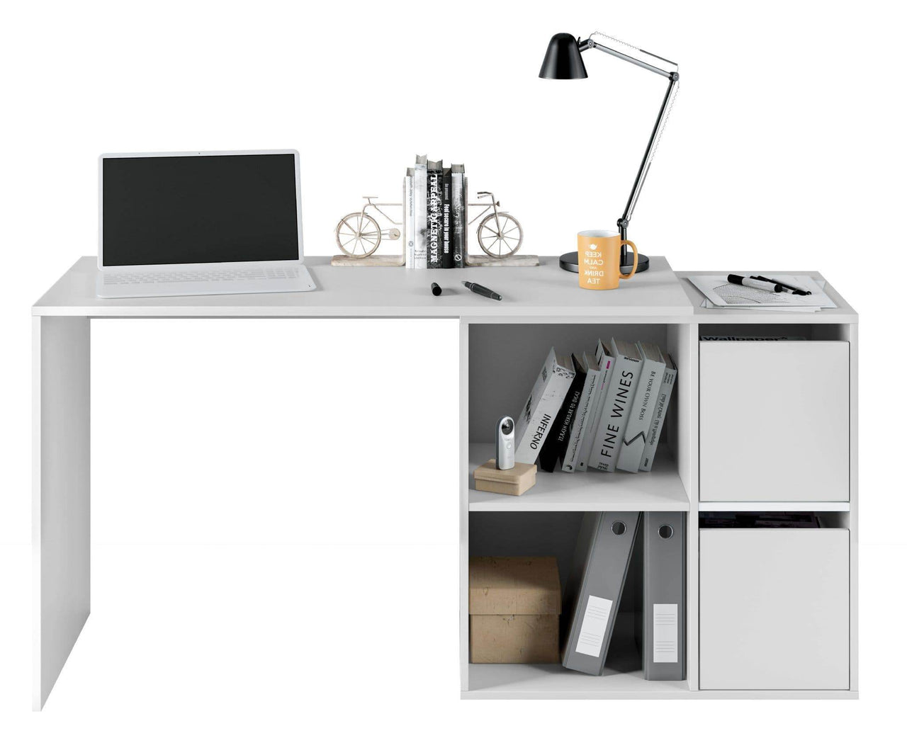 Versatile White Reversible Corner/Straight Desk with Storage and Shelves - UK Luxury Furniture
