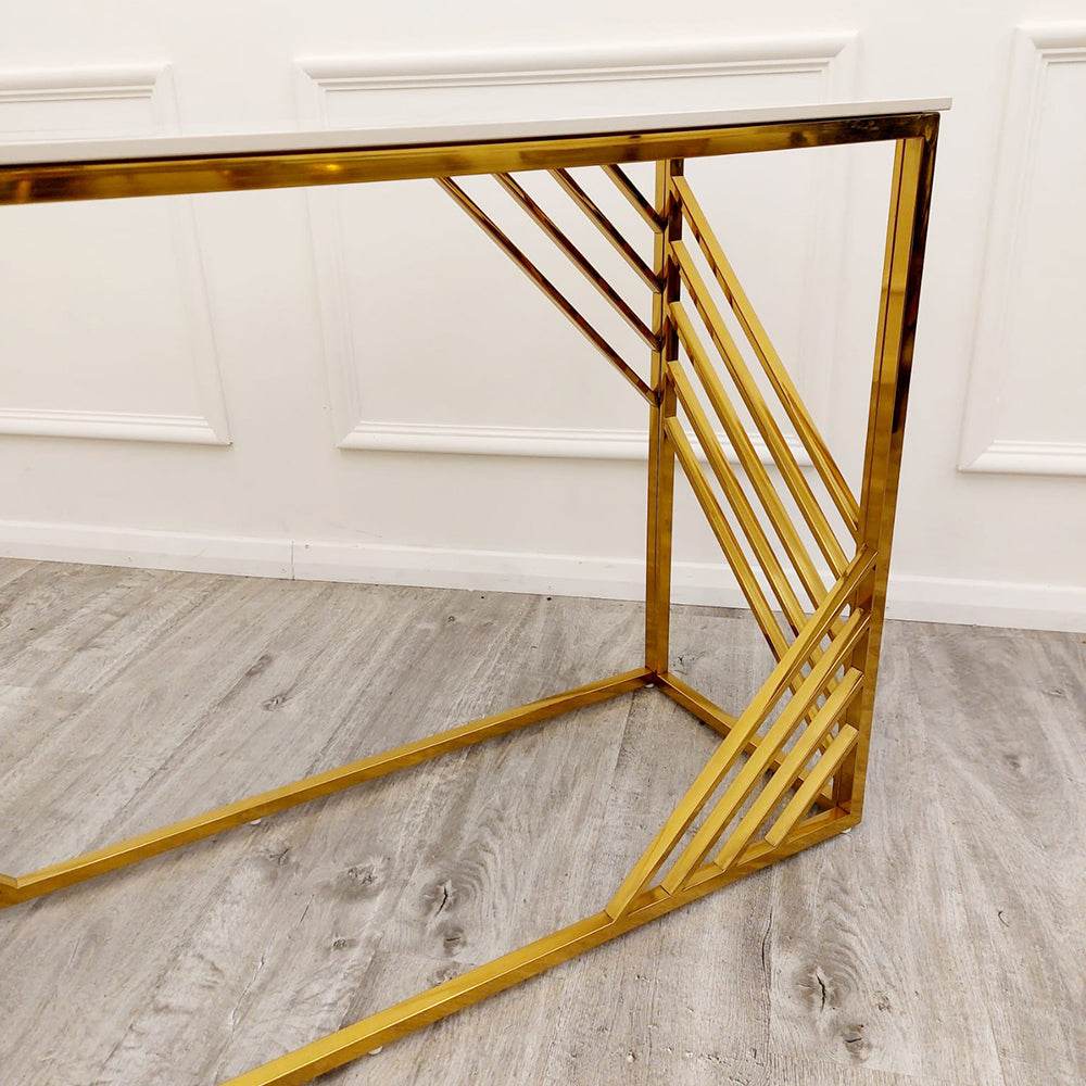 Azure Gold Console Table with Polar White Sintered Stone Top, Luxurious Design 120cm x 80cm x 40cm - UK Luxury Furniture