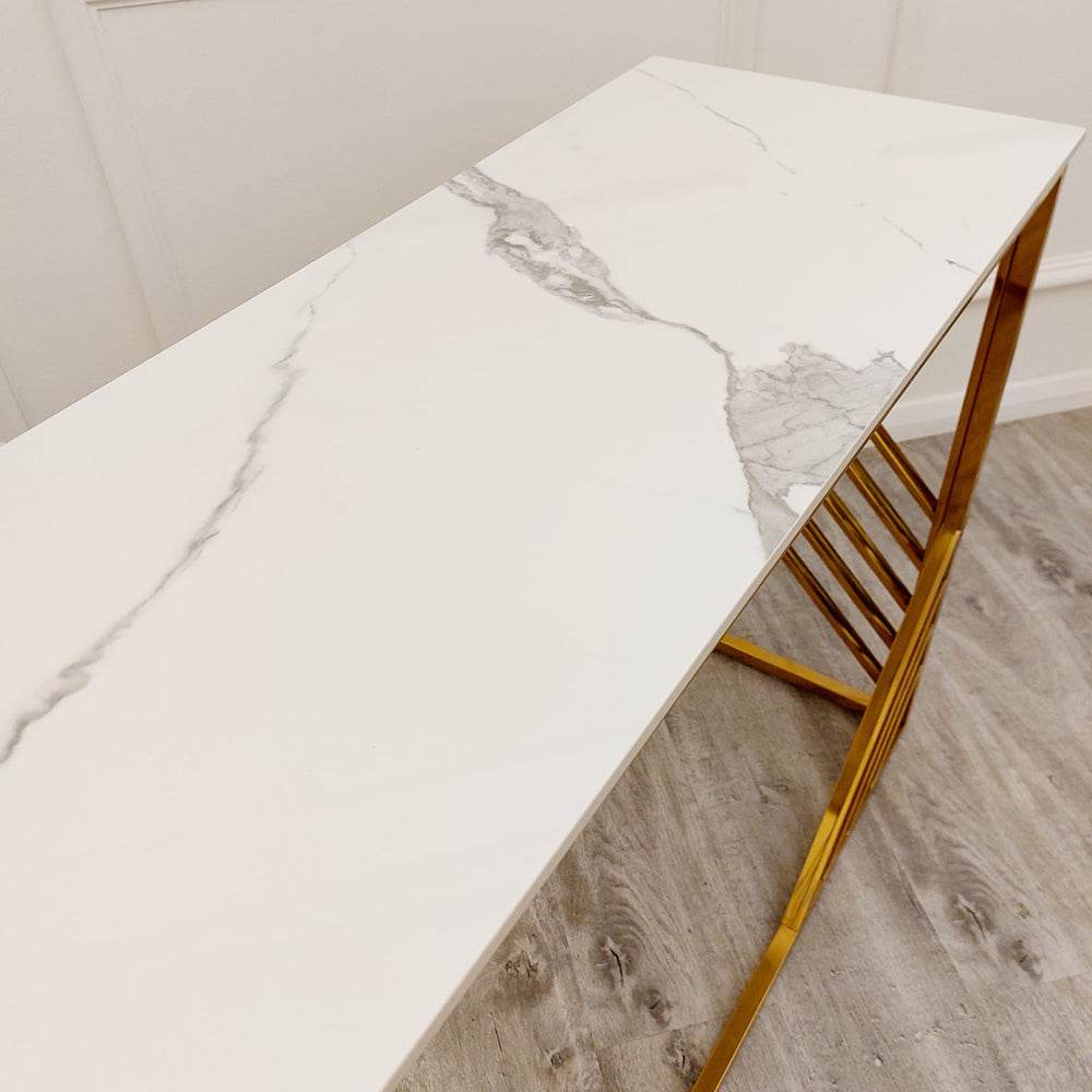 Azure Gold Console Table with Polar White Sintered Stone Top, Luxurious Design 120cm x 80cm x 40cm - UK Luxury Furniture