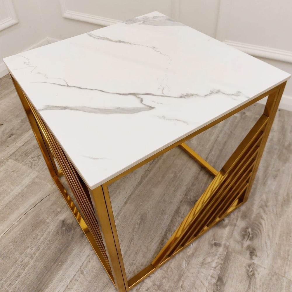 Luxury Azure Gold Lamp Table with Polar White Sintered Top - 55cm x 55cm x 55cm - UK Luxury Furniture