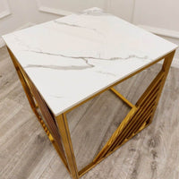 Luxury Azure Gold Lamp Table with Polar White Sintered Top - 55cm x 55cm x 55cm - UK Luxury Furniture