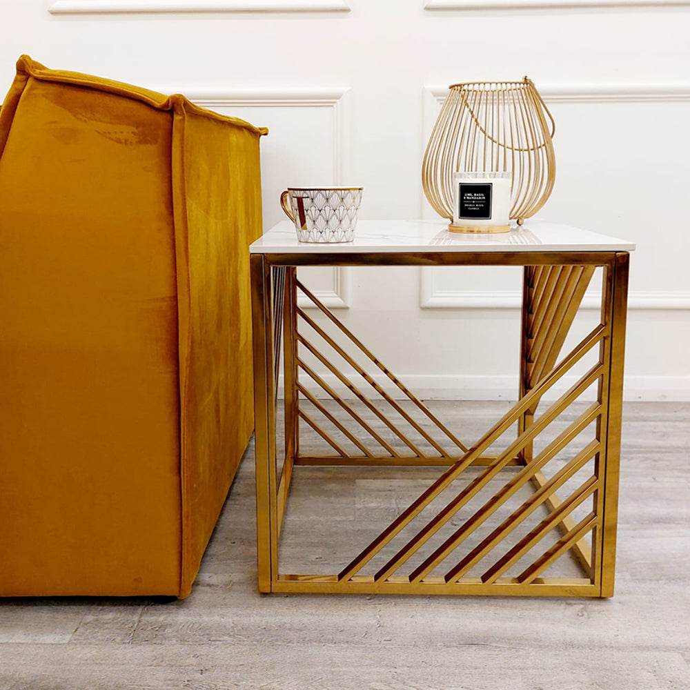 Luxury Azure Gold Lamp Table with Polar White Sintered Top - 55cm x 55cm x 55cm - UK Luxury Furniture