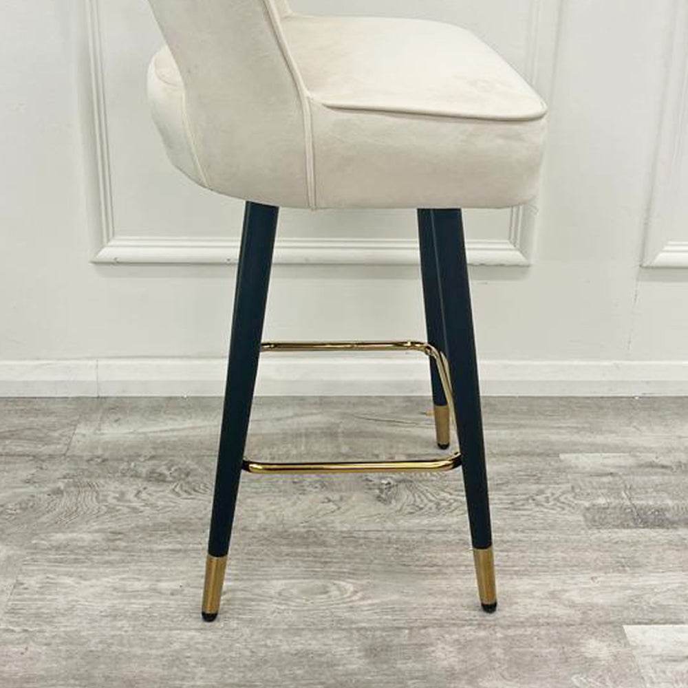 Astra Leather Bar Stools with Curved Back - Scandinavian Style Black Legs & Gold Tips - UK Luxury Furniture