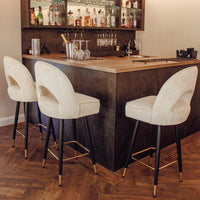 Astra Leather Bar Stools with Curved Back - Scandinavian Style Black Legs & Gold Tips - UK Luxury Furniture