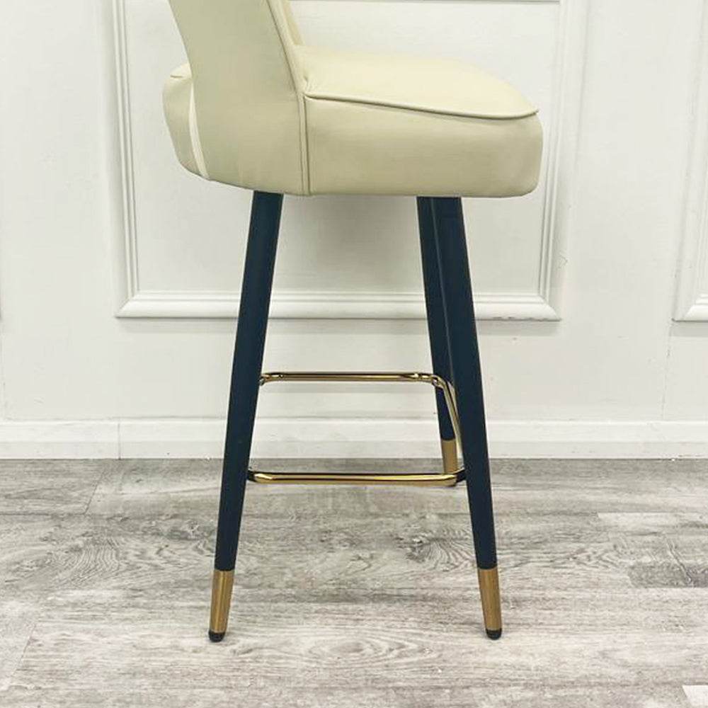 Astra Leather Bar Stools with Curved Back - Scandinavian Style Black Legs & Gold Tips - UK Luxury Furniture
