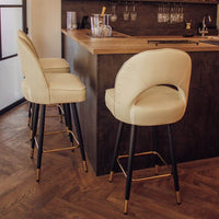 Astra Leather Bar Stools with Curved Back - Scandinavian Style Black Legs & Gold Tips - UK Luxury Furniture