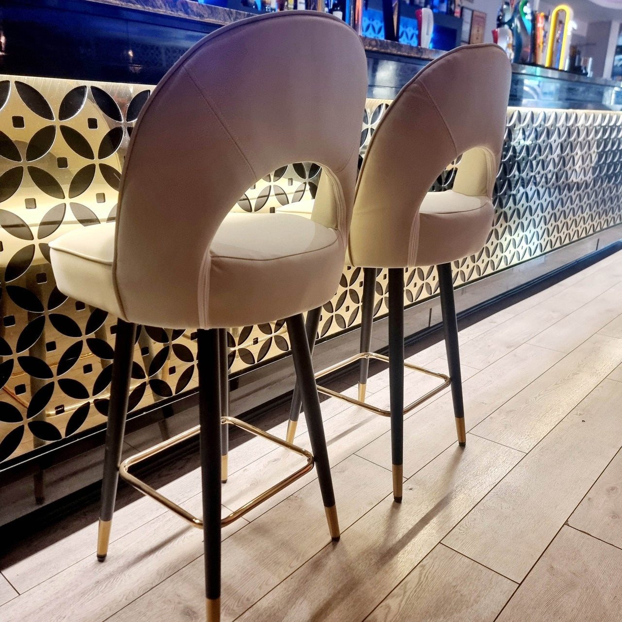 Astra Leather Bar Stools with Curved Back - Scandinavian Style Black Legs & Gold Tips - UK Luxury Furniture