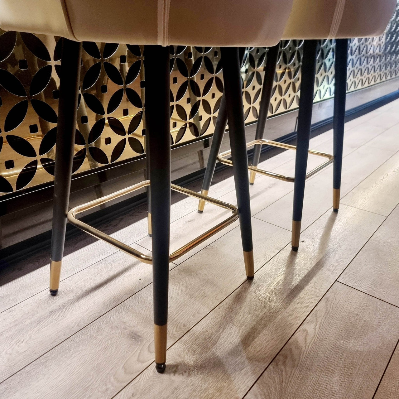Astra Leather Bar Stools with Curved Back - Scandinavian Style Black Legs & Gold Tips - UK Luxury Furniture