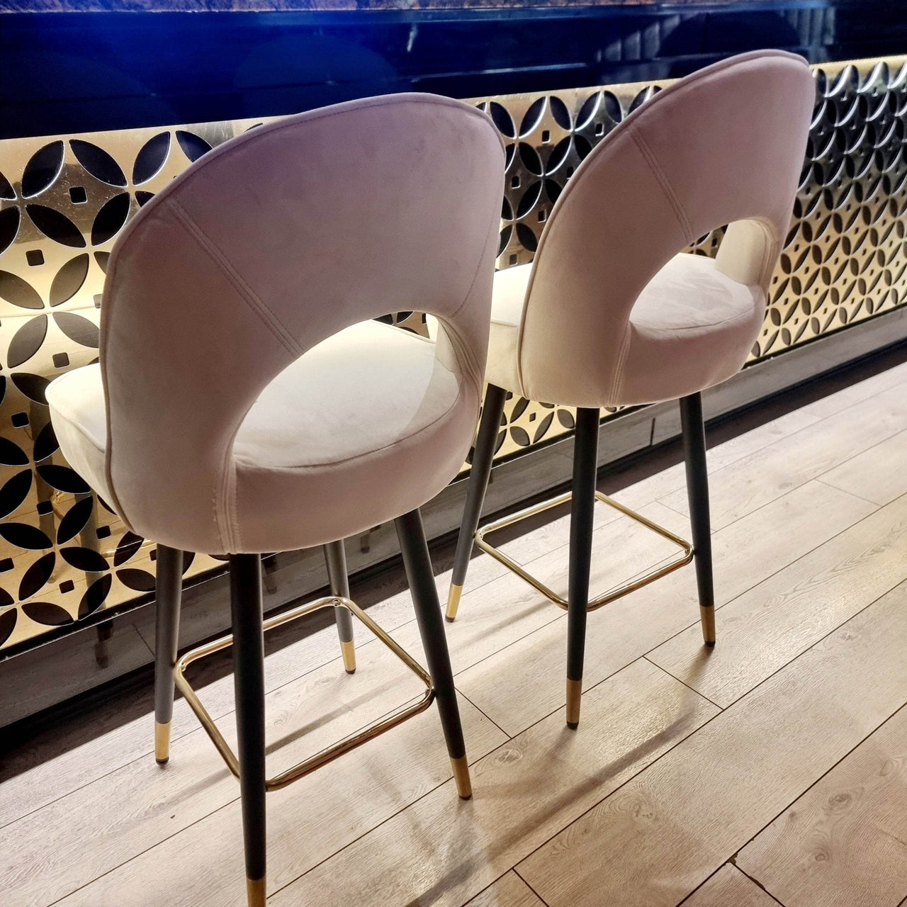 Astra Leather Bar Stools with Curved Back - Scandinavian Style Black Legs & Gold Tips - UK Luxury Furniture
