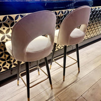 Astra Leather Bar Stools with Curved Back - Scandinavian Style Black Legs & Gold Tips - UK Luxury Furniture