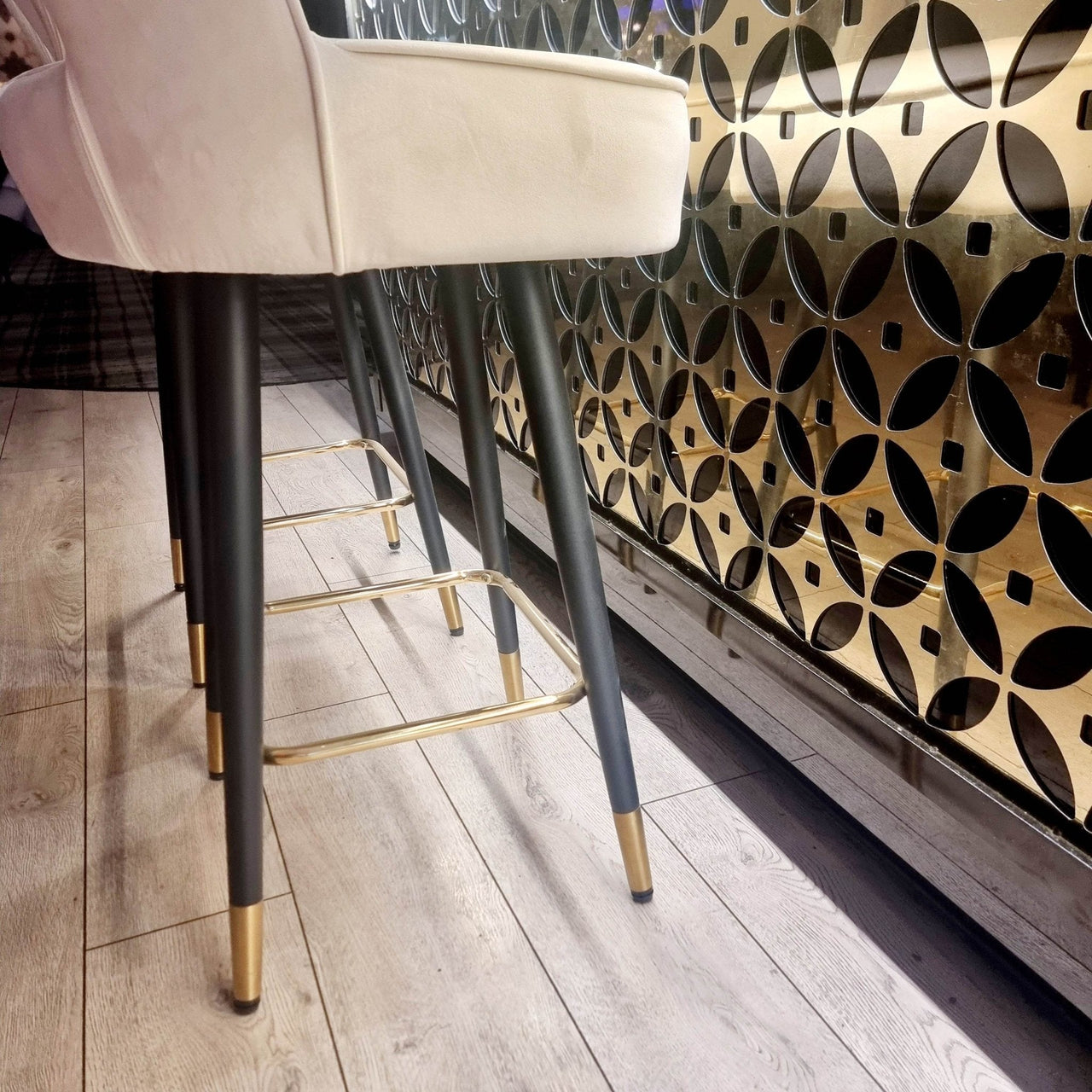 Astra Leather Bar Stools with Curved Back - Scandinavian Style Black Legs & Gold Tips - UK Luxury Furniture