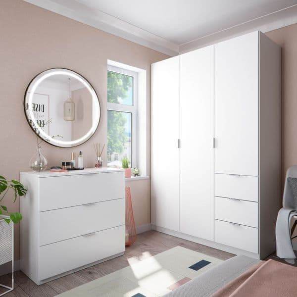 Cairo Artic White Compact 3-Door, 3-Drawer Space-Saving Wardrobe LCX353O - UK Luxury Furniture