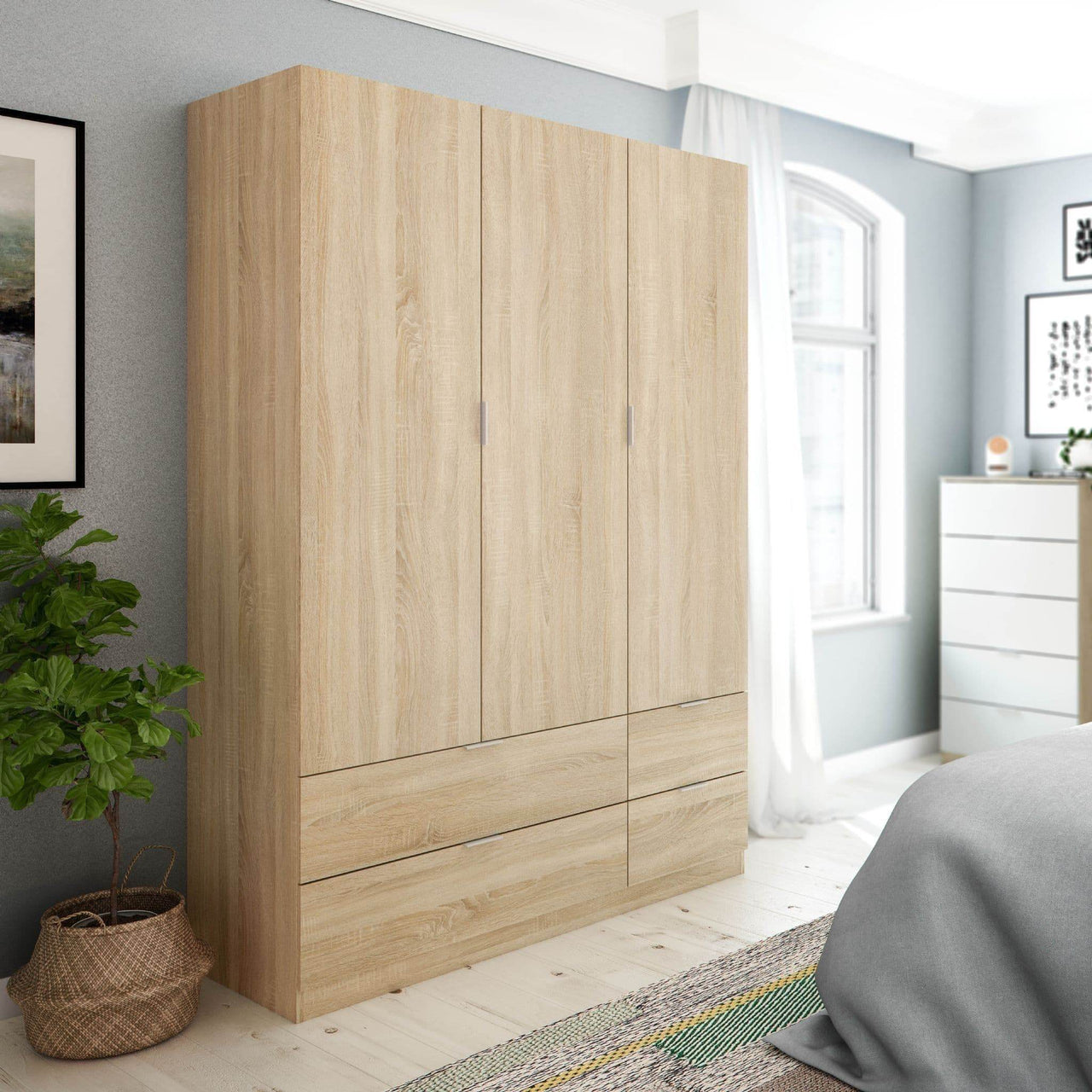 Cairo Oak Effect Compact 3 Door 4 Drawer Space-Saving 135cm Wardrobe LCX453F - 3206 - UK Luxury Furniture