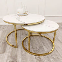 Elegant Cato Nest of 2 Short Round Gold Coffee Tables with Polar White Sintered Stone Tops - UK Luxury Furniture