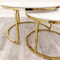 Cato Nest of 2 Round Coffee Tables with Polar White Sintered Stone Tops and Gold Frames - UK Luxury Furniture