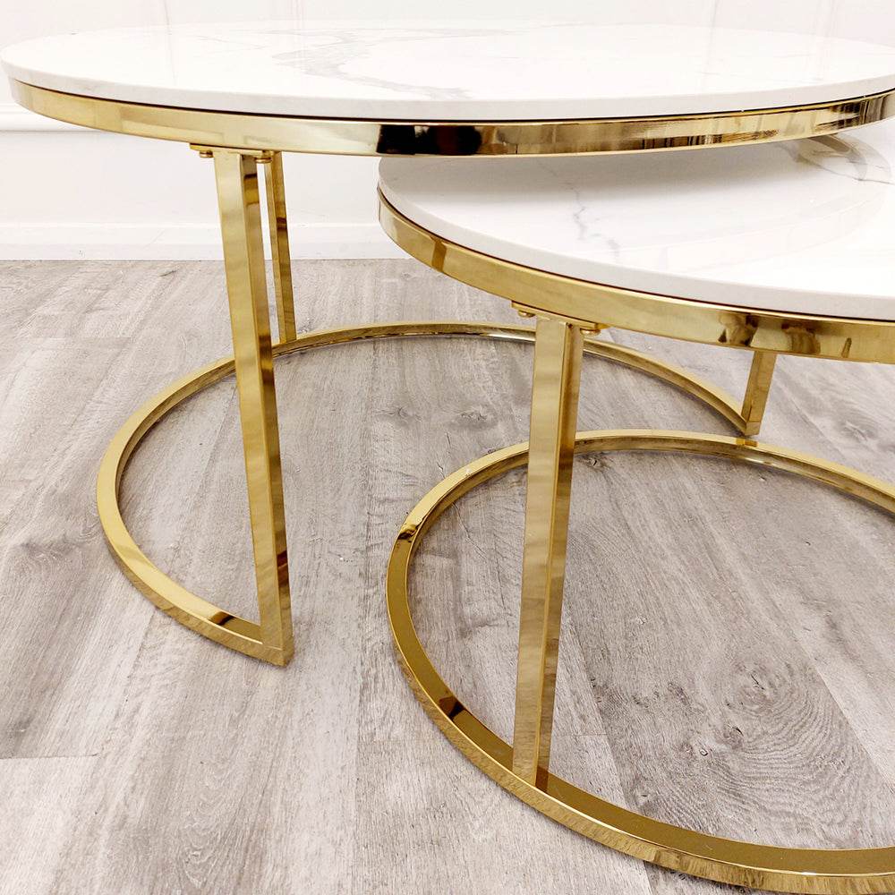 Cato Nest of 2 Short Round Coffee Tables with Polar White Sintered Stone and Gold Frames - UK Luxury Furniture