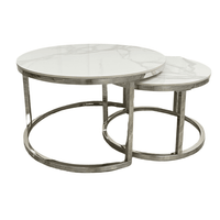 Cato Nest of 2 Short Round Coffee Tables - Silver Frame with Polar White Sintered Stone Tops - UK Luxury Furniture