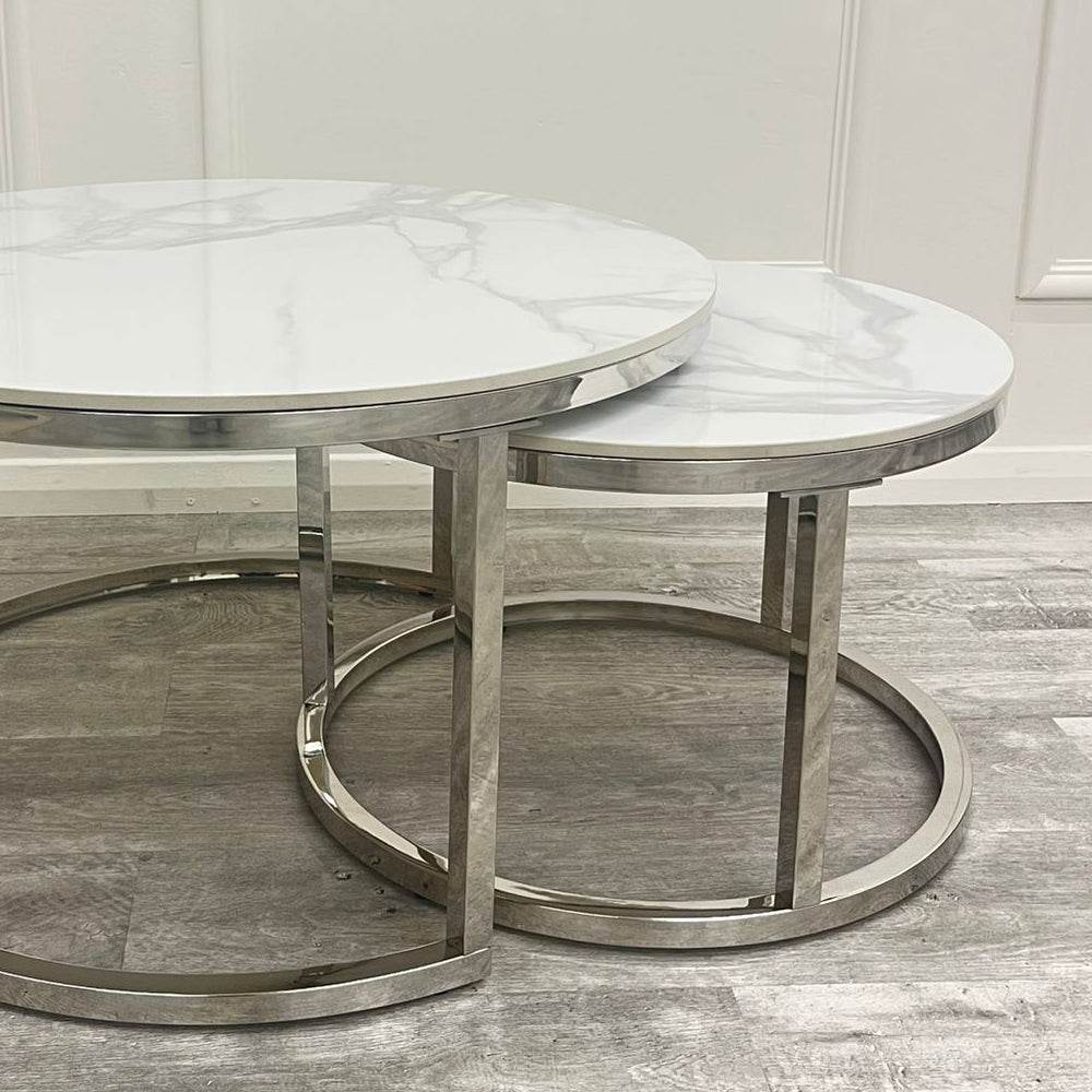 Cato Nest of 2 Short Round Coffee Tables - Silver Frame with Polar White Sintered Stone Tops - UK Luxury Furniture