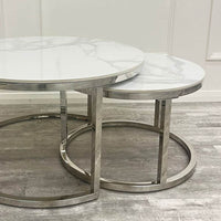 Cato Nest of 2 Short Round Coffee Tables - Silver Frame with Polar White Sintered Stone Tops - UK Luxury Furniture
