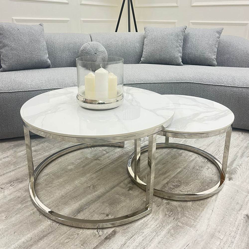 Cato Nest of 2 Short Round Coffee Tables with Polar White Sintered Stone Tops & Silver Frames - UK Luxury Furniture