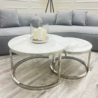 Cato Nest of 2 Luxury Short Round Coffee Tables with Polar White Sintered Stone Tops - UK Luxury Furniture