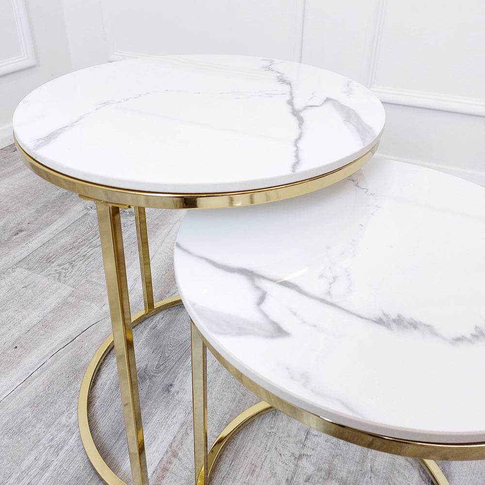 Cato Tall Gold Nest Tables - Set of 2 with Polar White Sintered Stone Tops - UK Luxury Furniture