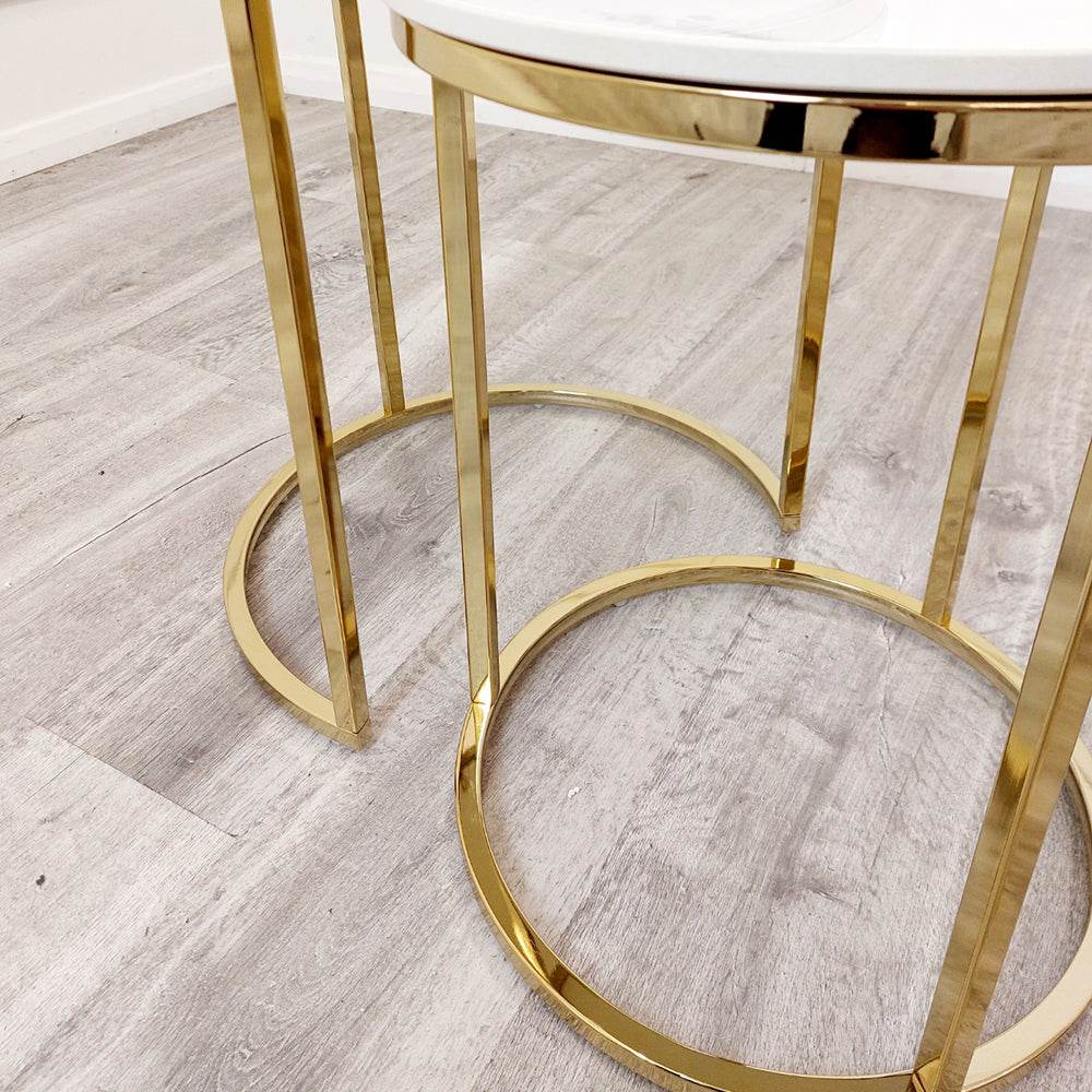 Cato Tall Gold Nest Tables - Set of 2 with Polar White Sintered Stone Tops - UK Luxury Furniture