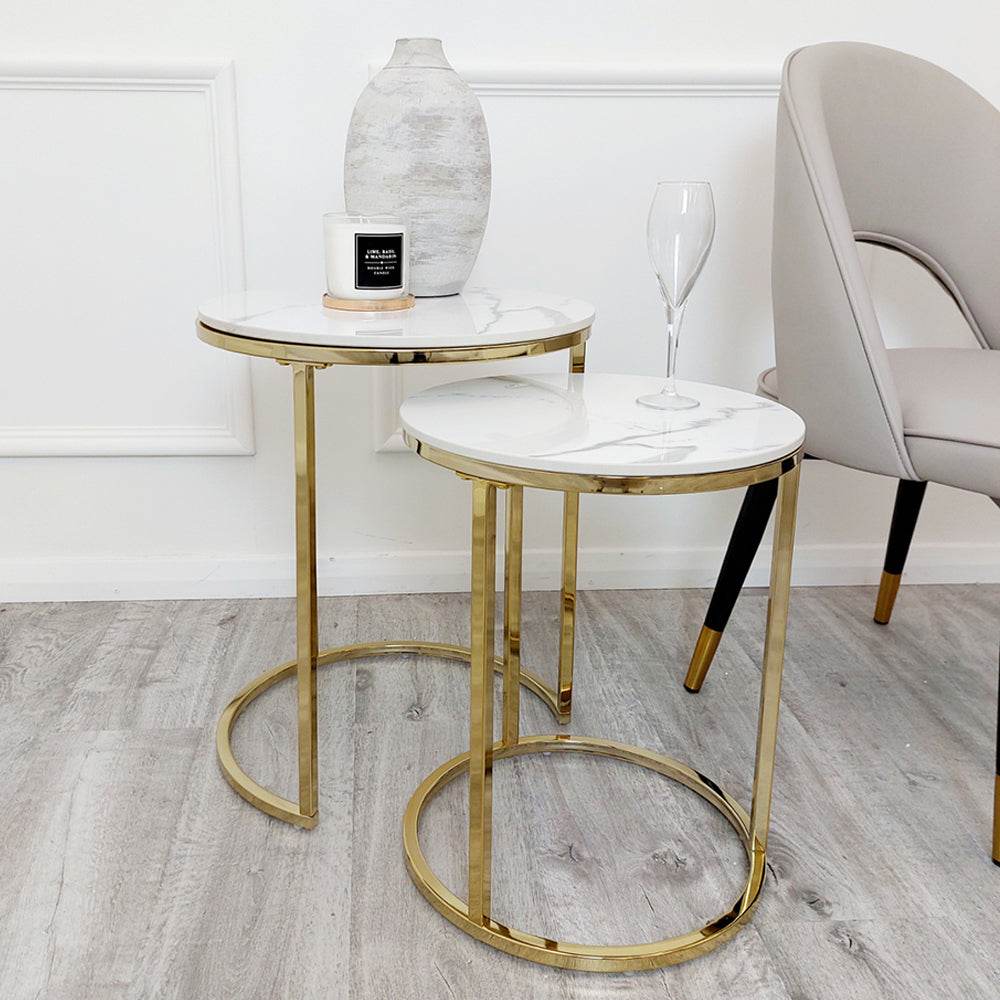 Cato Tall Gold Nest Tables - Set of 2 with Polar White Sintered Stone Tops - UK Luxury Furniture