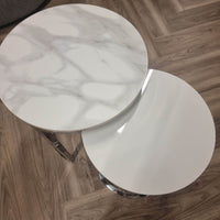Cato Nest of 2 Tall Silver End Tables with Polar White Sintered Stone Top for Elegant Living Spaces - UK Luxury Furniture