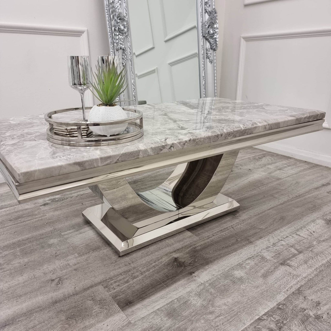 Arial Luxury Coffee Table - 130cm Sintered Stone, Marble or Glass Top with Polished Stainless Steel Base - UK Luxury Furniture