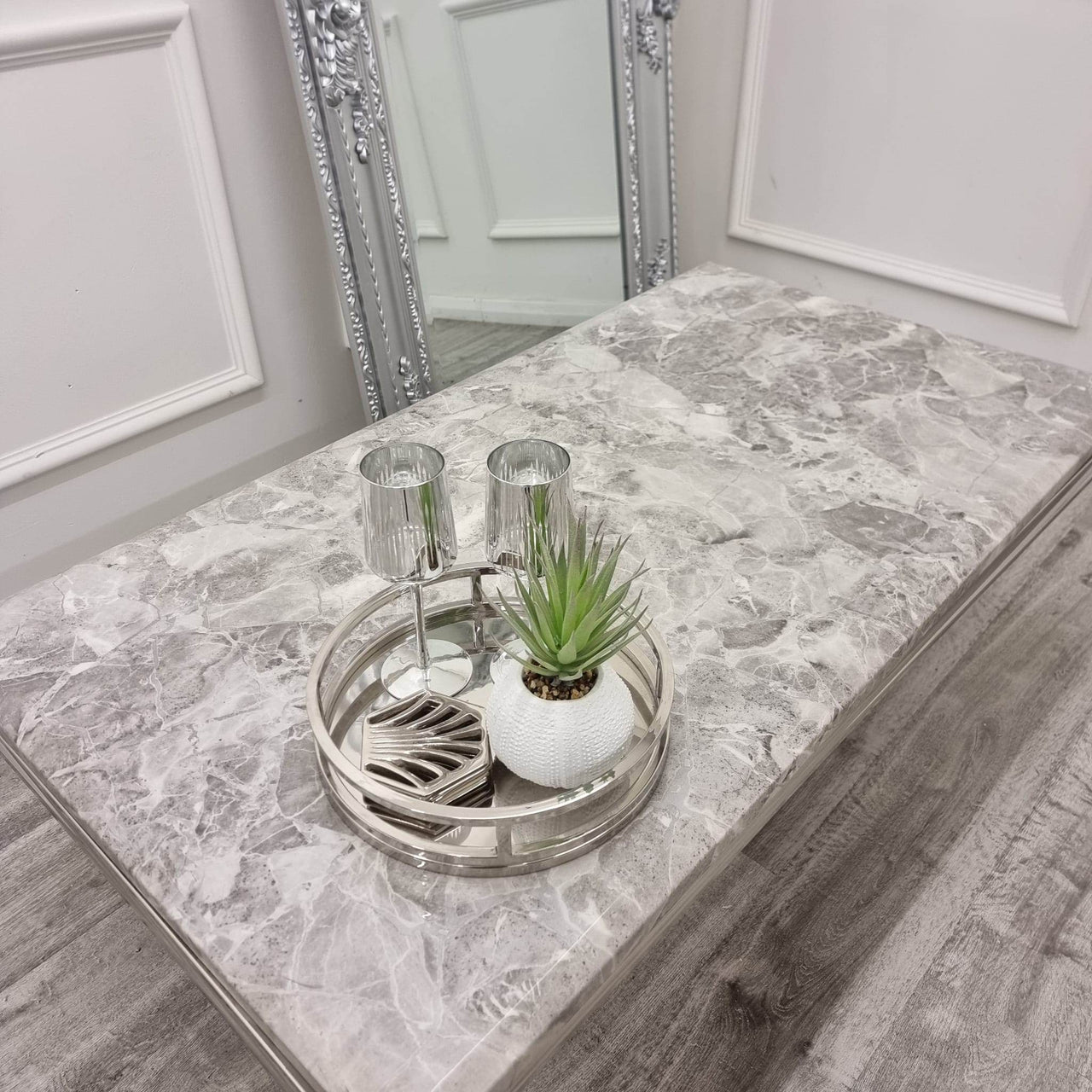 Arial Luxury Coffee Table - 130cm Sintered Stone, Marble or Glass Top with Polished Stainless Steel Base - UK Luxury Furniture